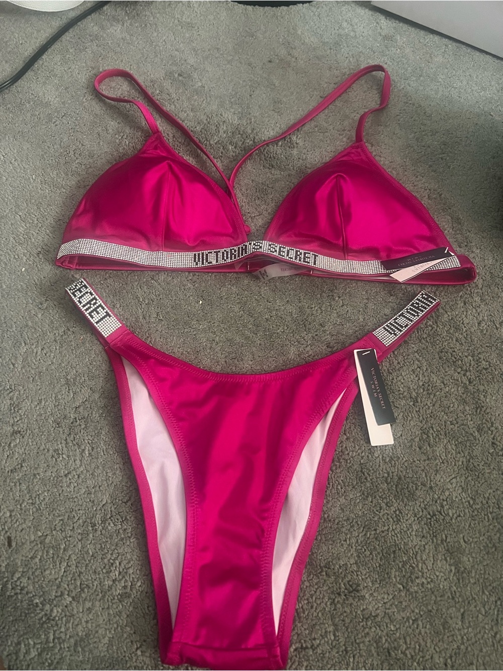 Victoria's Secret Hot Pink Bikini Set with Rhinestone Trim